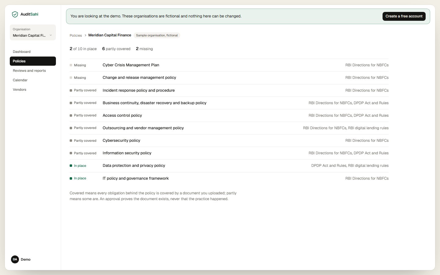 AuditSahi policies with their status.