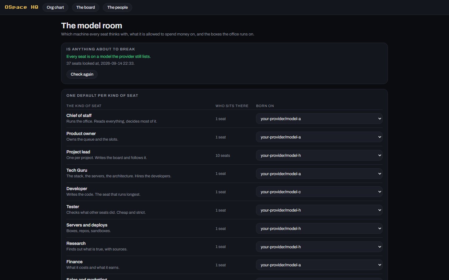 Ospace HQ: the model room, one default per kind of seat, each seat with a model select, on your own provider keys.