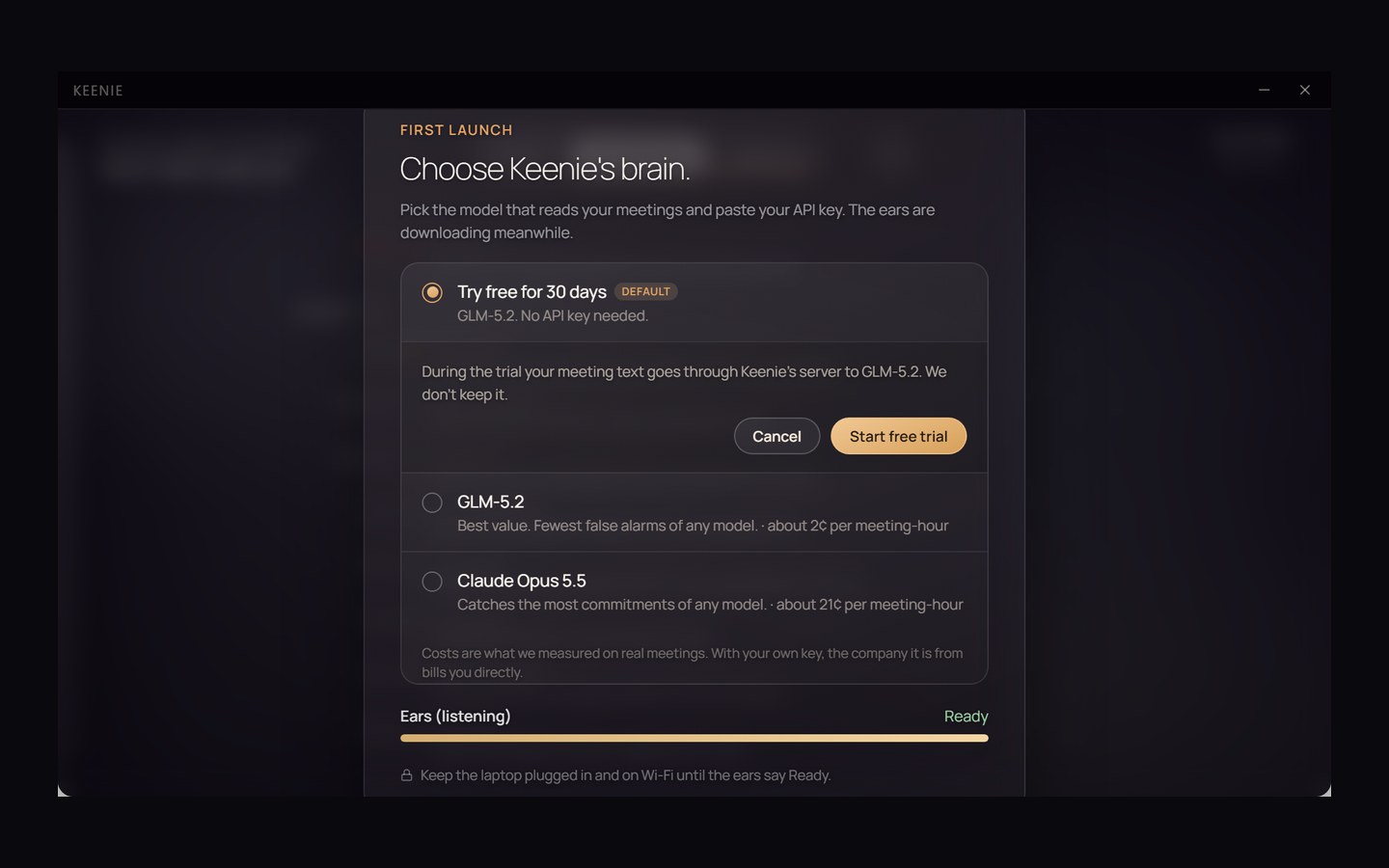 Keenie: the first launch sheet, Choose Keenie's brain, with a thirty day free trial and two models.