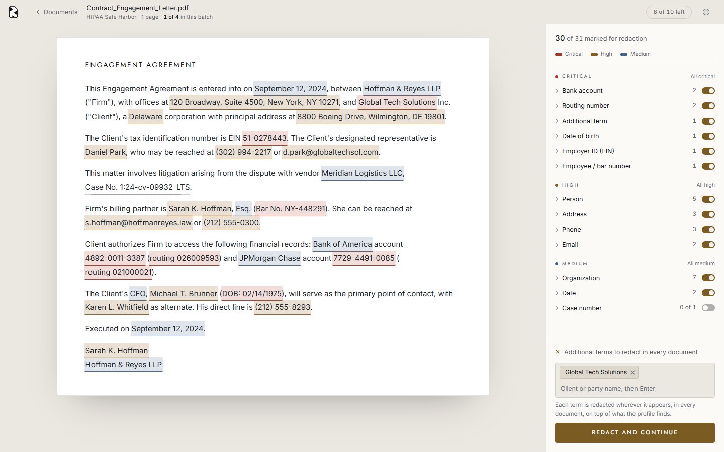 RedactPro Review screen: an engagement letter with every identifier tinted, and an inspector grouping them as critical, high and medium with a toggle on each.
