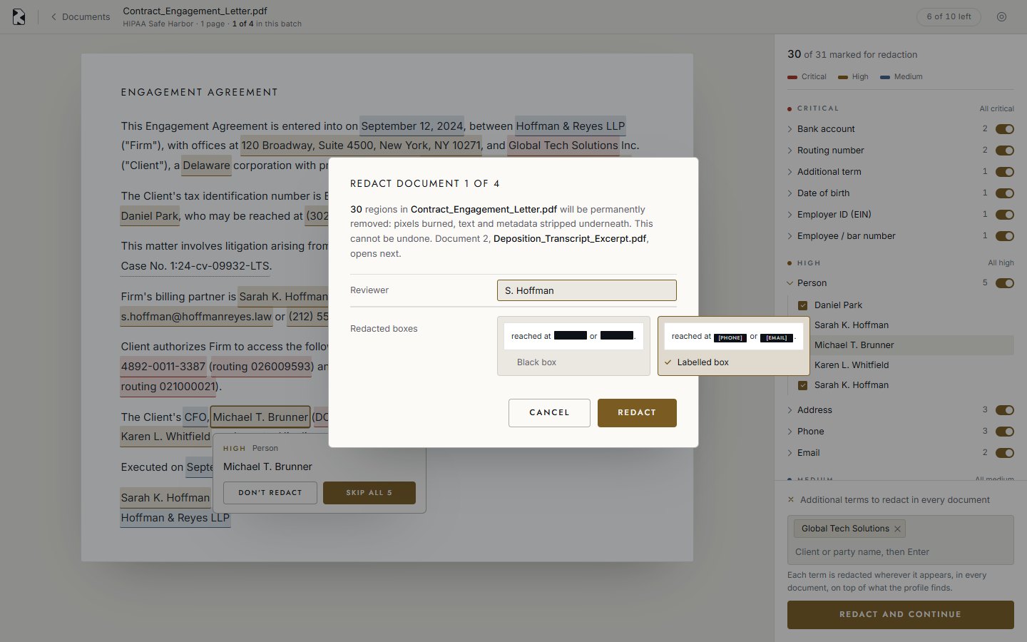 RedactPro Redact sheet: thirty regions to be permanently removed, the reviewer name, and the choice between a black box and a labelled box.
