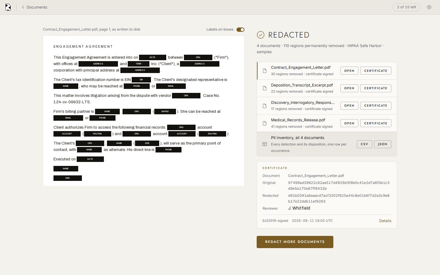 RedactPro Done screen: the burned page with labelled black boxes, four documents with certificates, and a certificate showing both hashes, the reviewer and an Ed25519 signature.