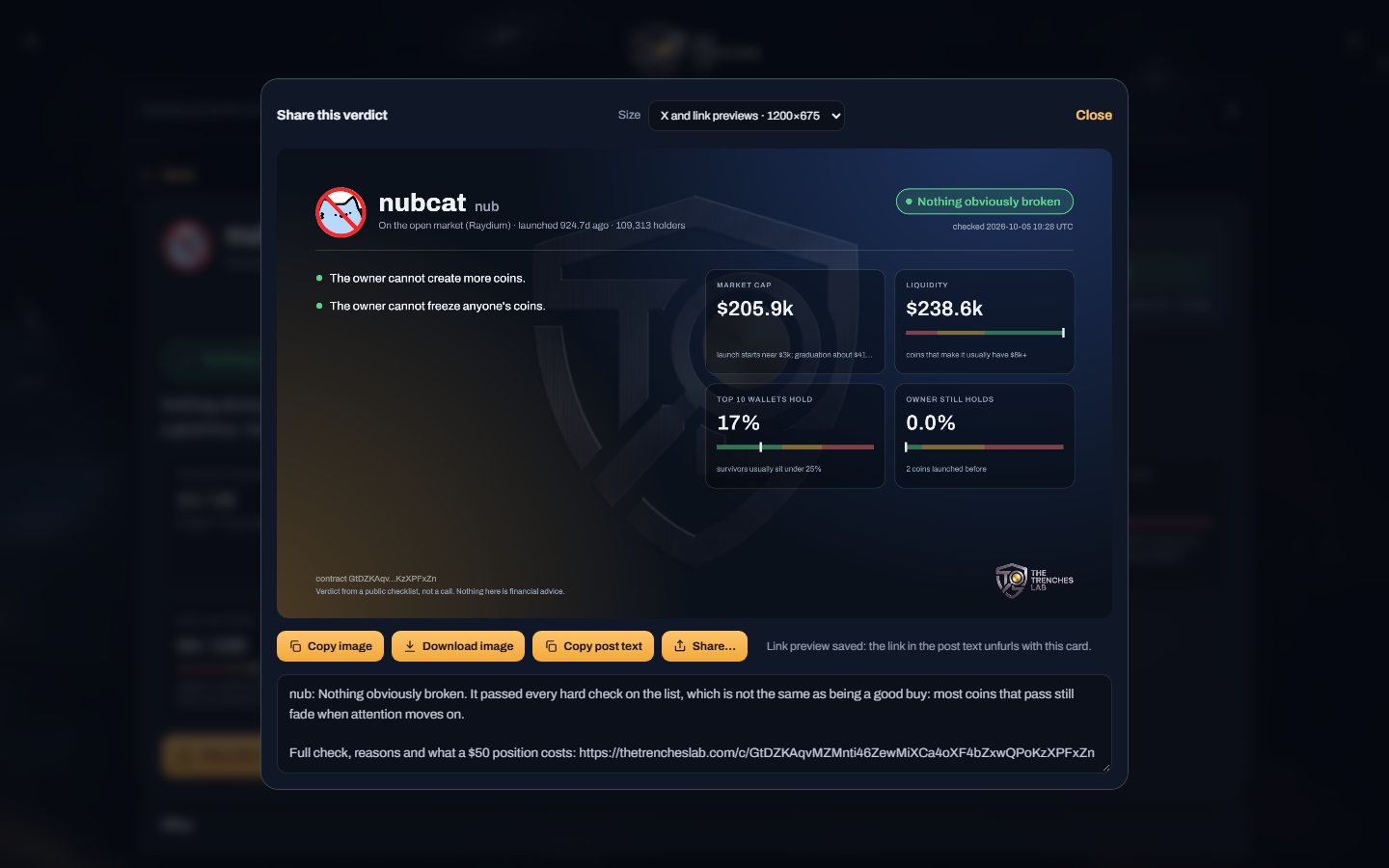 The Trenches Lab: the share dialog, a card with the coin, its verdict, the reasons and the live figures.