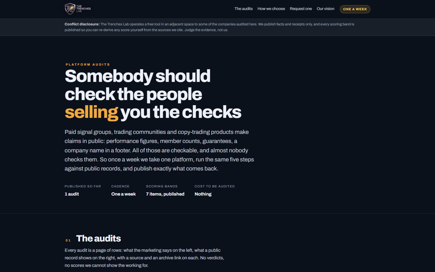 The Trenches Lab platform audits page: one audit a week, seven scoring bands published, nothing charged to be audited.